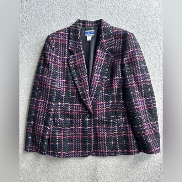 Pendleton Women’s Wool Checkered Jacket Blazer size 10 USA Made pink black plaid - Picture 1 of 12